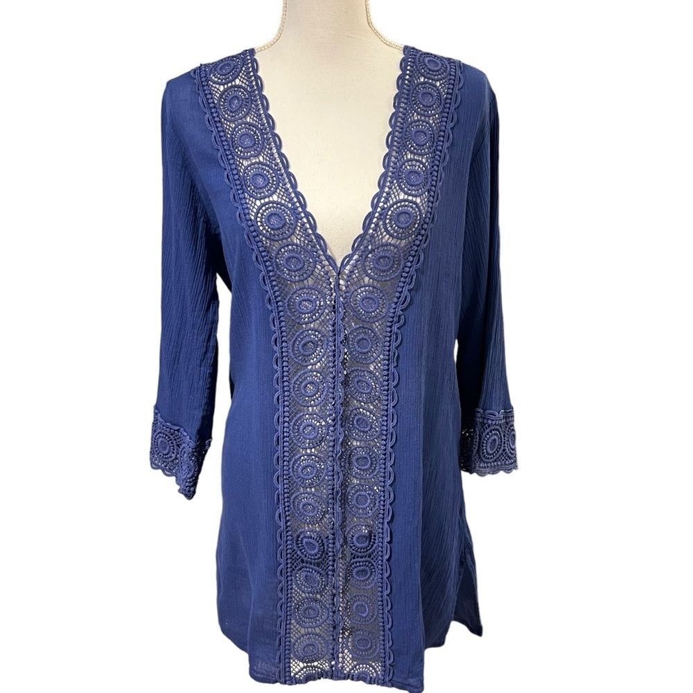 La Blanca Womens Beach Tunic Coverup Size M Blue Coastal Resort Lightweight